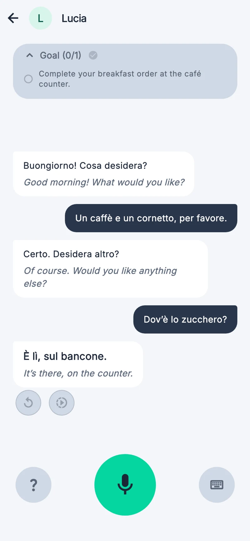Parlilo conversation practice: order coffee in Italian with optional hints, translations and voice controls.